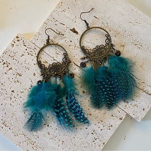 4/$15 Teal Feather Retro Grunge Tassel Earrings
